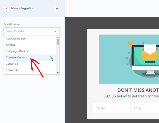 add_constant_contact - OptinMonster select constant contact