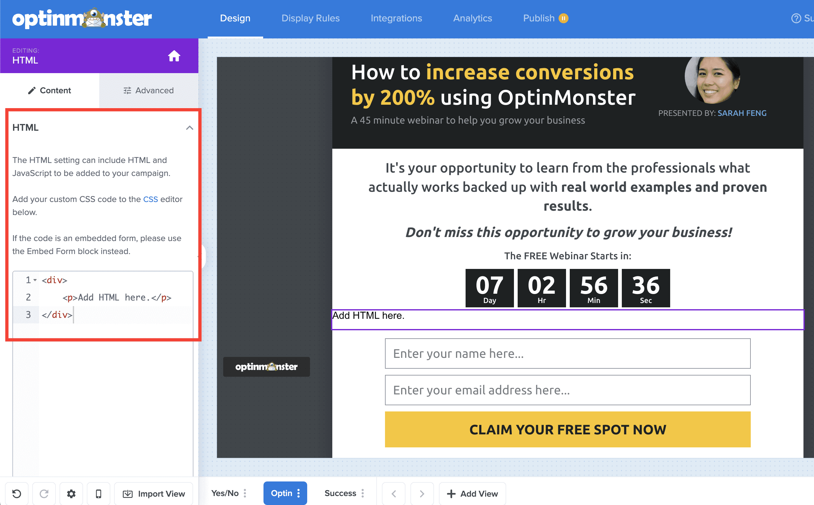 Add HTML - OptinMonster