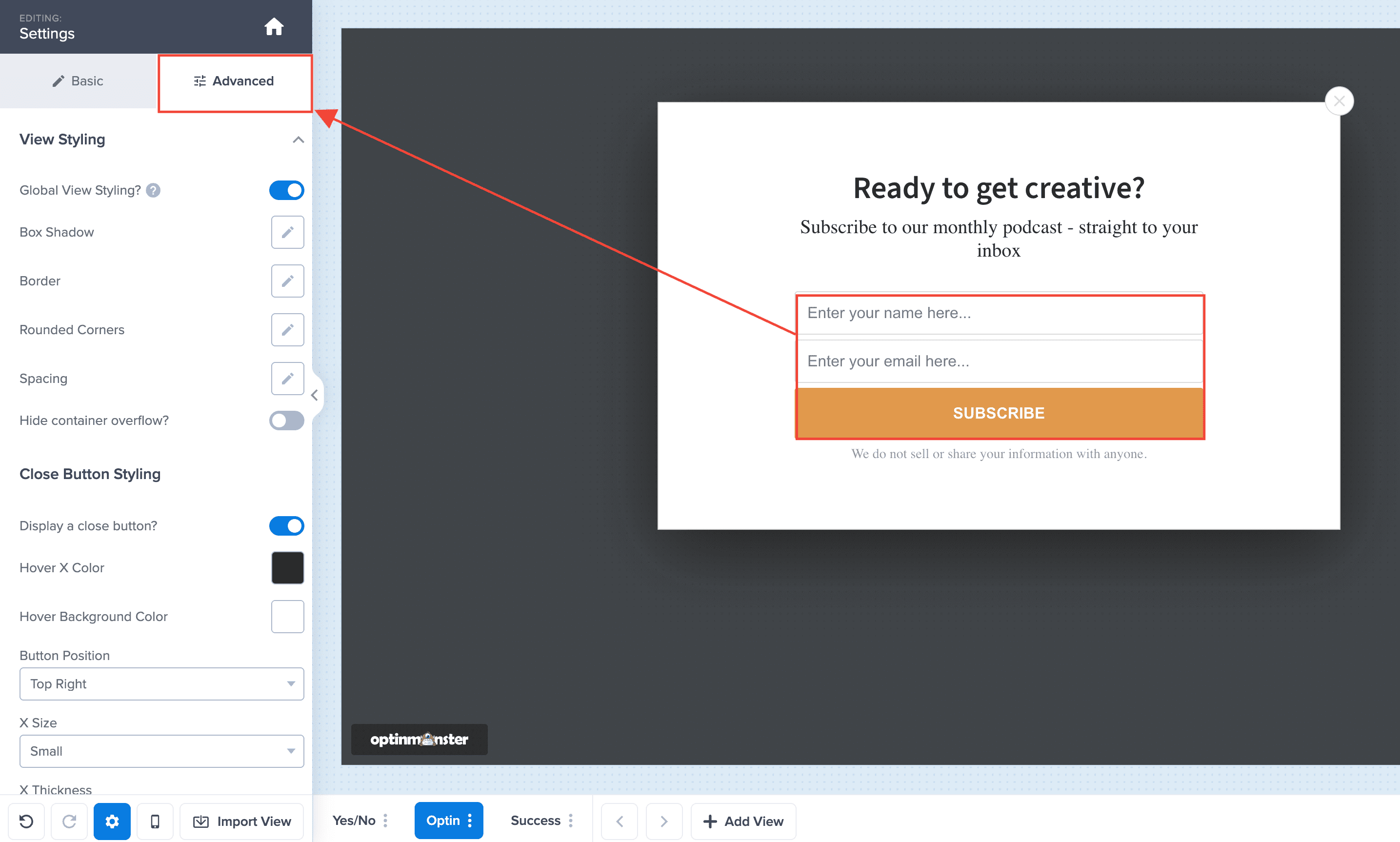 form field advanced settings - OptinMonster click the advanced tab