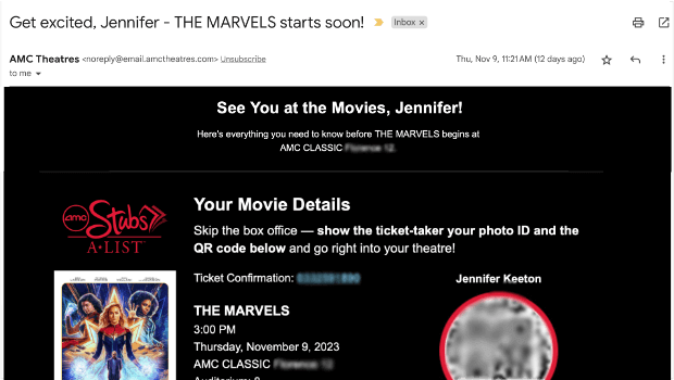 amc-personalized-email - OptinMonster Email from AMC with information about the subscriber's ticket's for an upcoming screening of The Marvels.