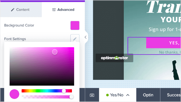 button-color-for-more-email-subscribers - OptinMonster Screenshot of the button editor in OptinMonster