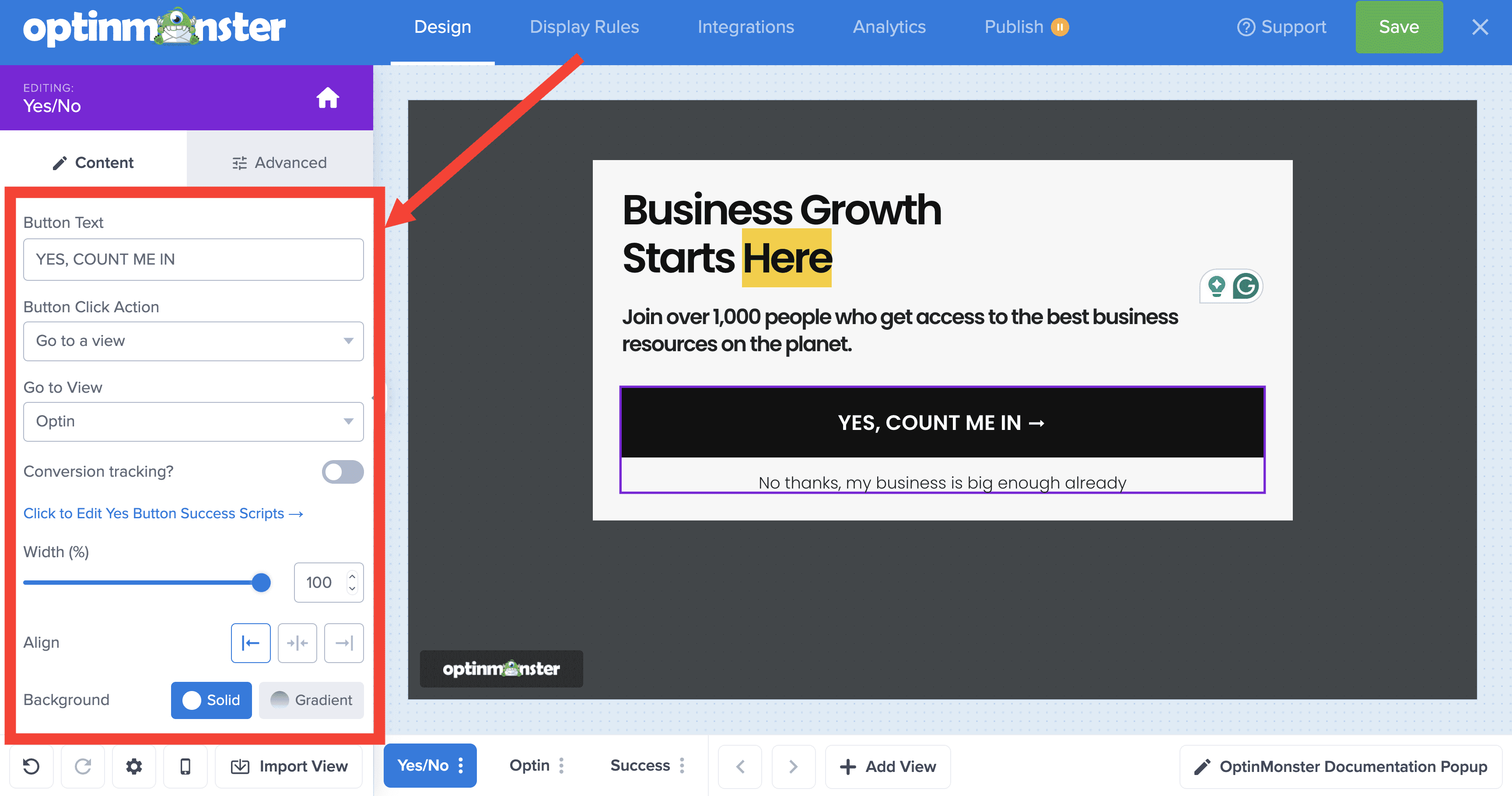 delete column contents canvas - OptinMonster button content settings