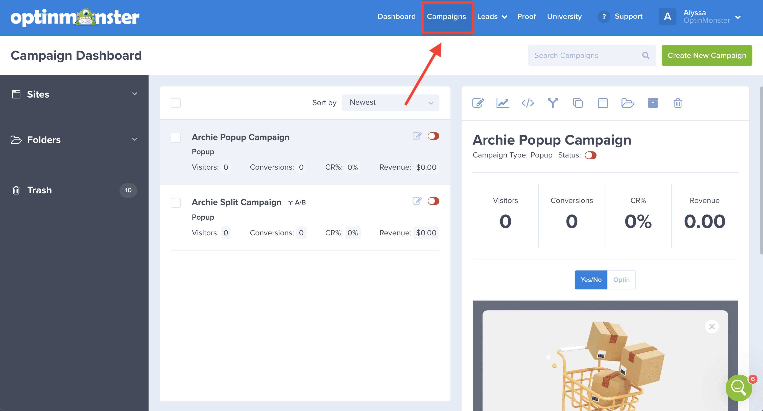 Campaign Screen - OptinMonster