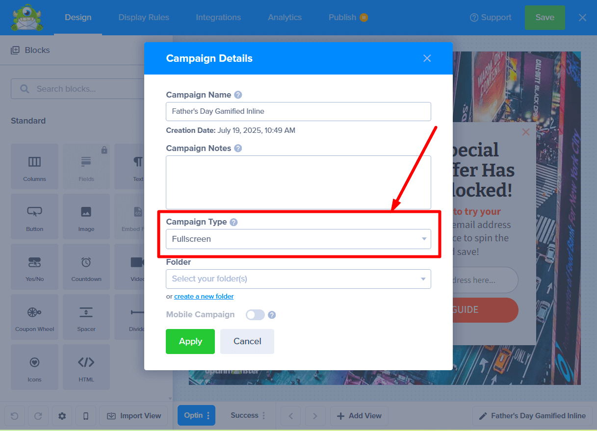 change_campaign_type_from_modal_8 - OptinMonster The 'Campaign Type' dropdown field in the campaign details modal.