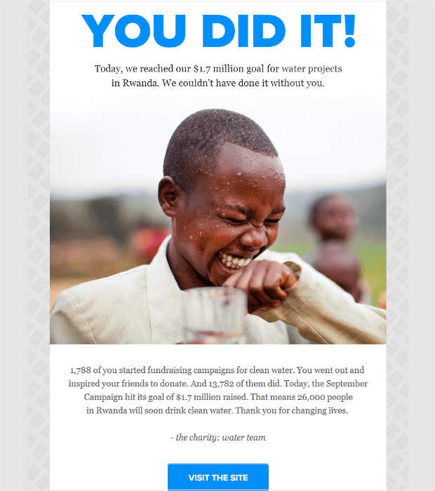 charity-water-email-campaign - OptinMonster Email campaign from Charity Water that features a large image a young boy laughing with a glass of water. Large heading text says "YOU DID IT!" Followed by "Today, we reached our alt=