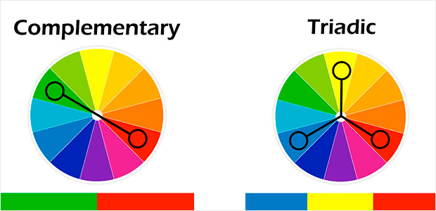 complimentary-and-triadic-colors2 - OptinMonster Complementary and triadic color wheels. Example of complementary colors is green and red. Example of triadic colors is blue, yellow, and red.