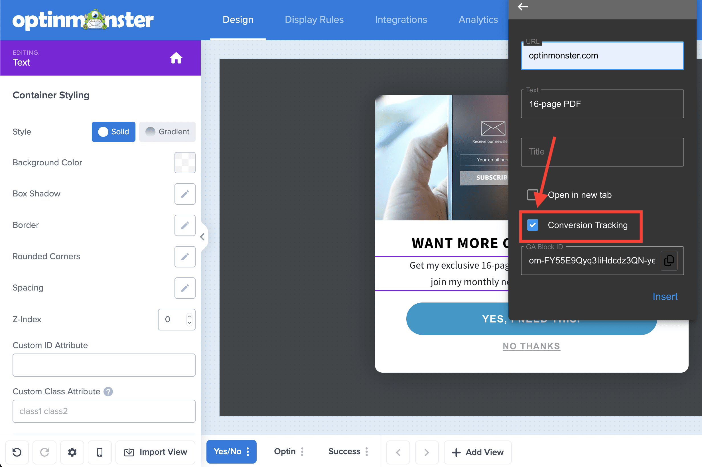 Conversion Link - OptinMonster Enable conversion tracking for link