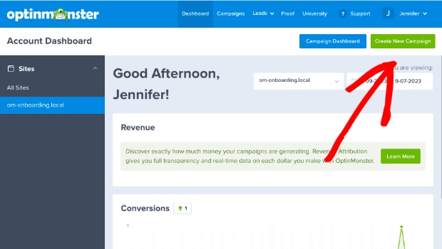 "Create New Campaign" button in the OptinMonster Account Dashboard. - OptinMonster "Create New Campaign" button in the OptinMonster Account Dashboard.