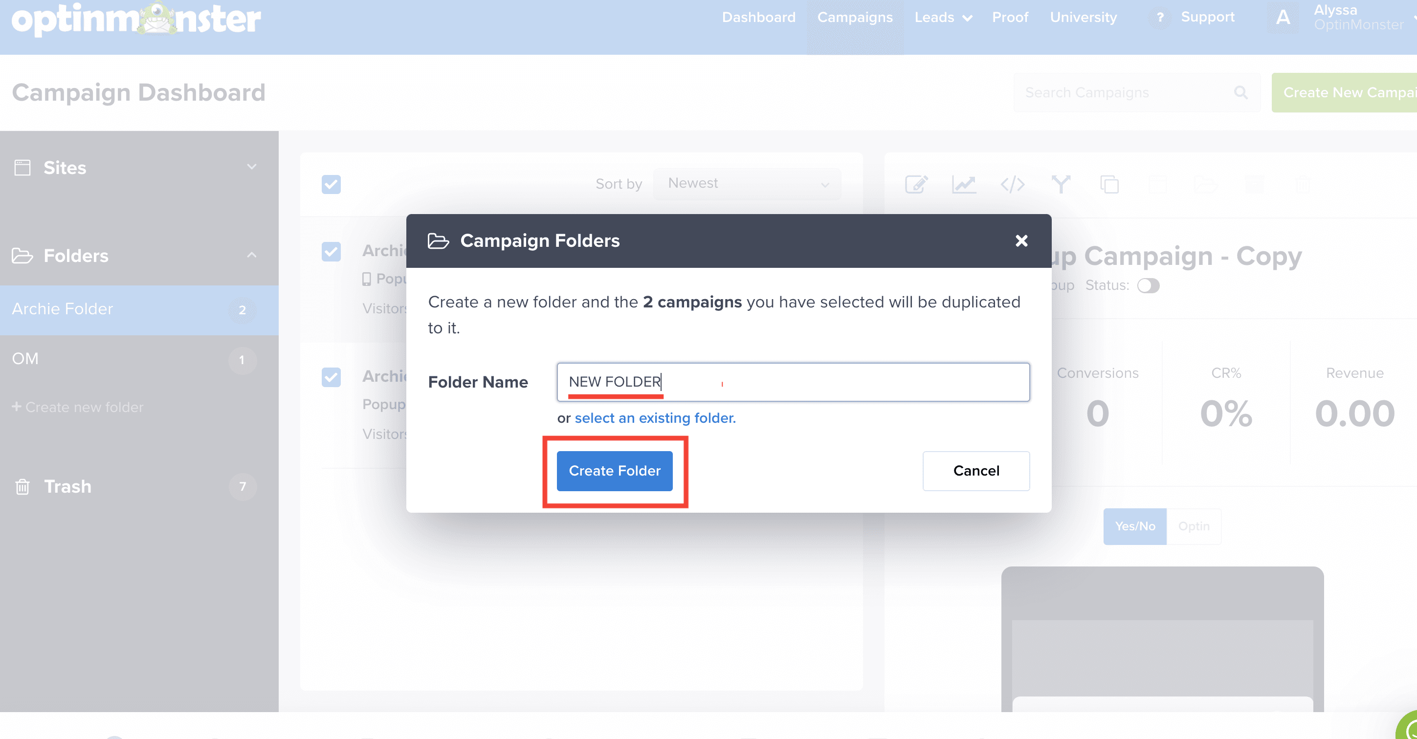 Create Folder - OptinMonster