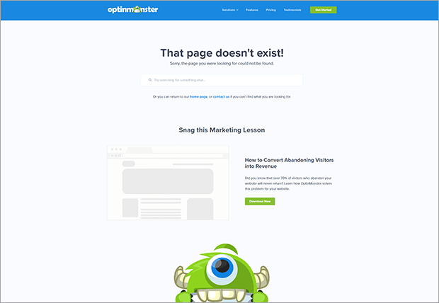 custom-404 - OptinMonster Custom 404 page that redirects users to home page, contact page, and lead magnet