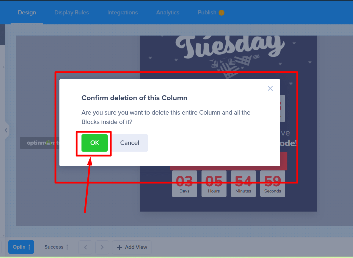 ddelete_column_modal_showing_clicking_on_Ok_to_delete_02 - OptinMonster The confirmation modal asking if you want to delete the block, with the OK button highlighted.