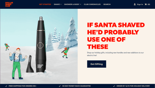 dollar-shave-club-value-proposition-holiday-shopping - OptinMonster Screenshot of Dollar Shave Club homepage in December 2023