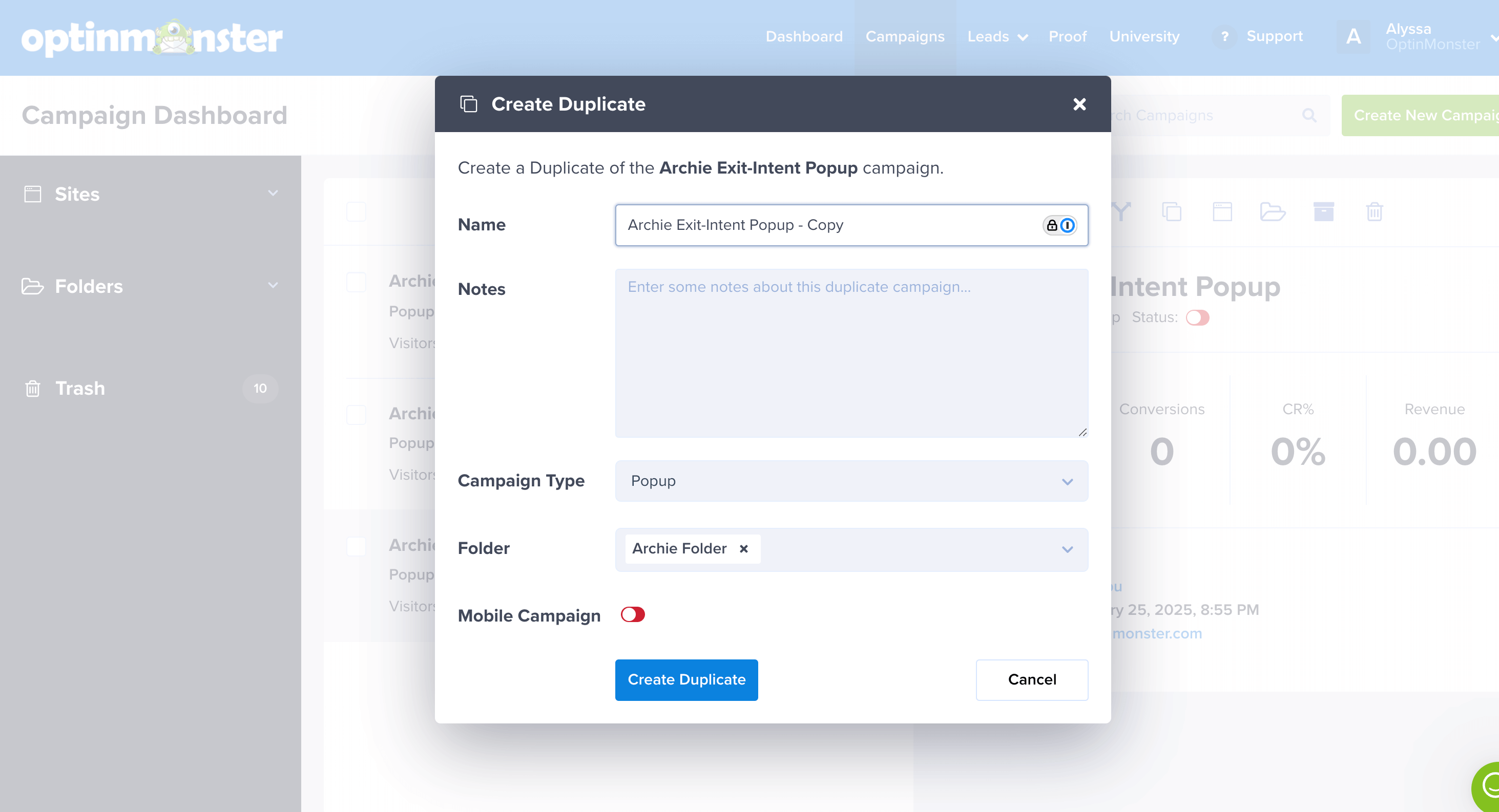 Duplicate Settings - OptinMonster