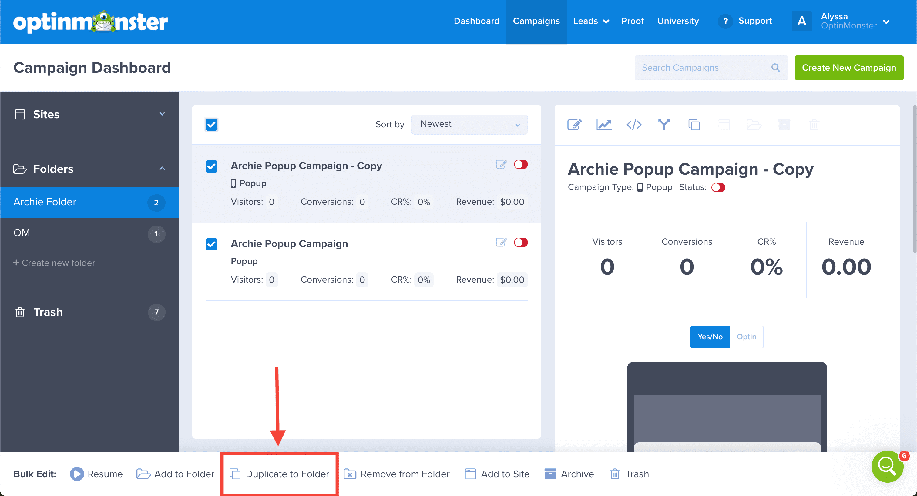 Duplicate to Folder - OptinMonster