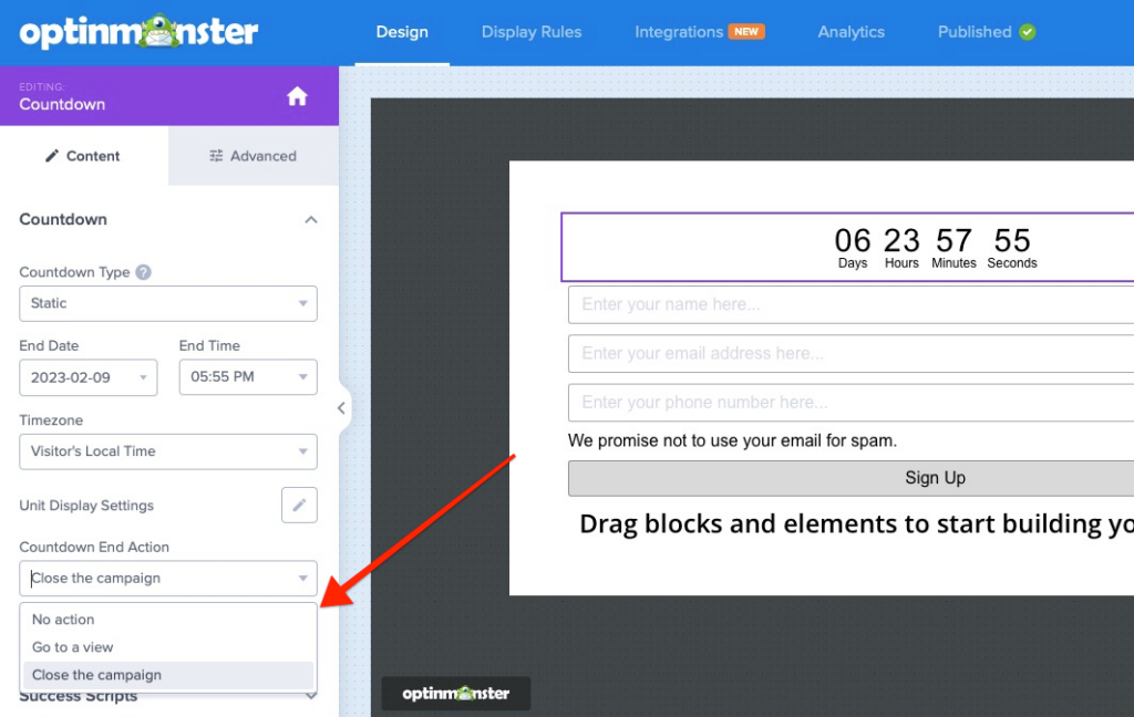 countdown action - OptinMonster countdown action