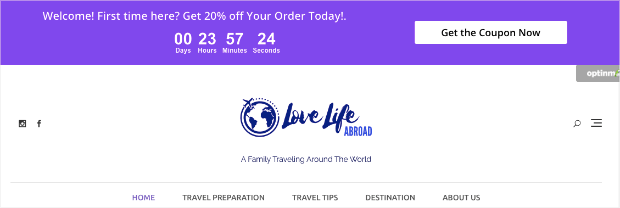 Floating bar countdown timer welcome message-min - OptinMonster Floating bar countdown timer welcome message. It says "Welcome! First time here Get 20% off your order today!" There is a countdown timer and a button that says "Get the Coupon Now"