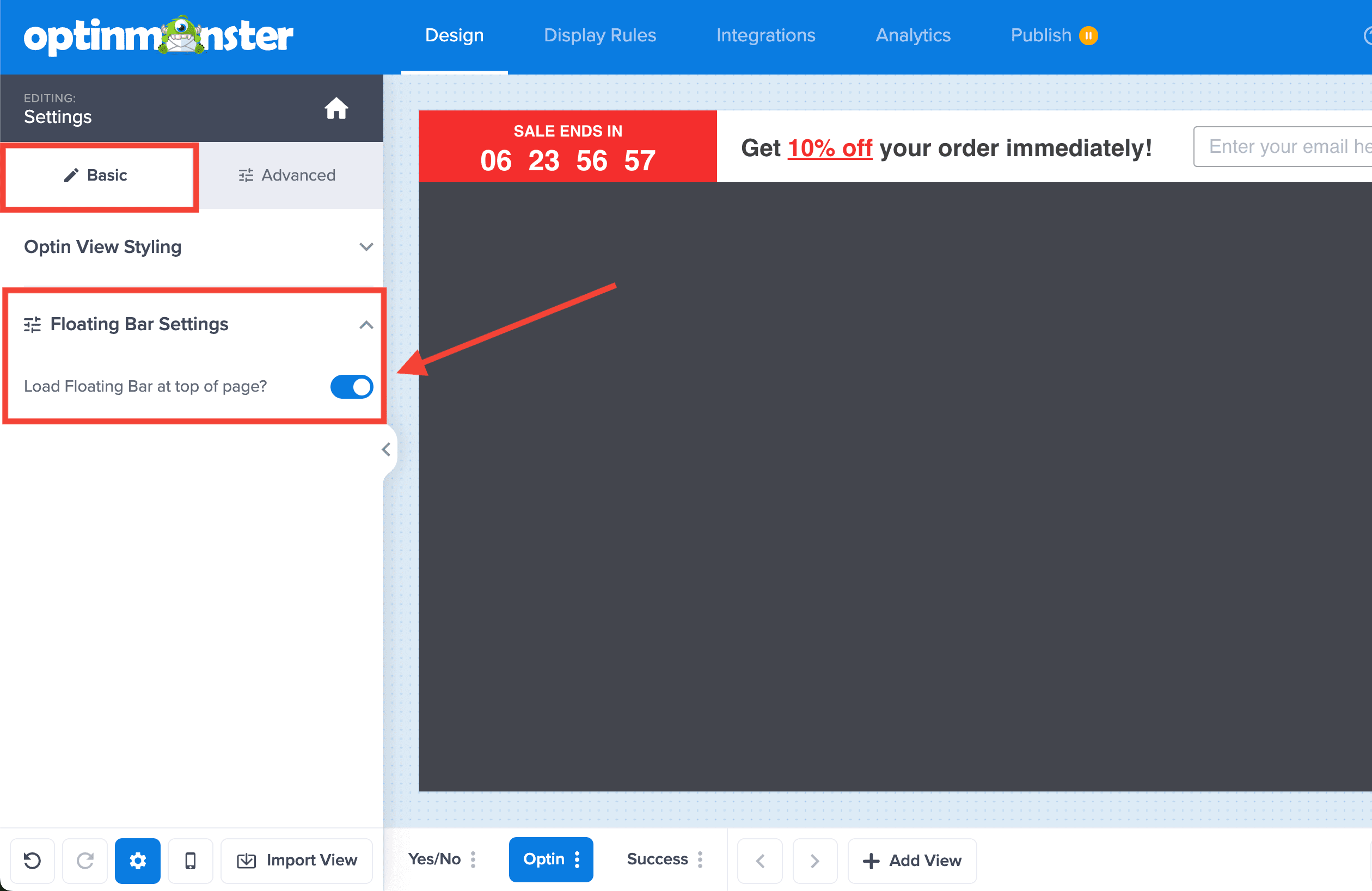 Reposition Floating Bar - OptinMonster