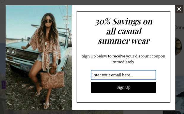 Popup with the text "30% Savings on all casual summer wear" with a photo of a woman in shorts and a blouse. - OptinMonster Popup with the text "30% Savings on all casual summer wear" with a photo of a woman in shorts and a blouse.