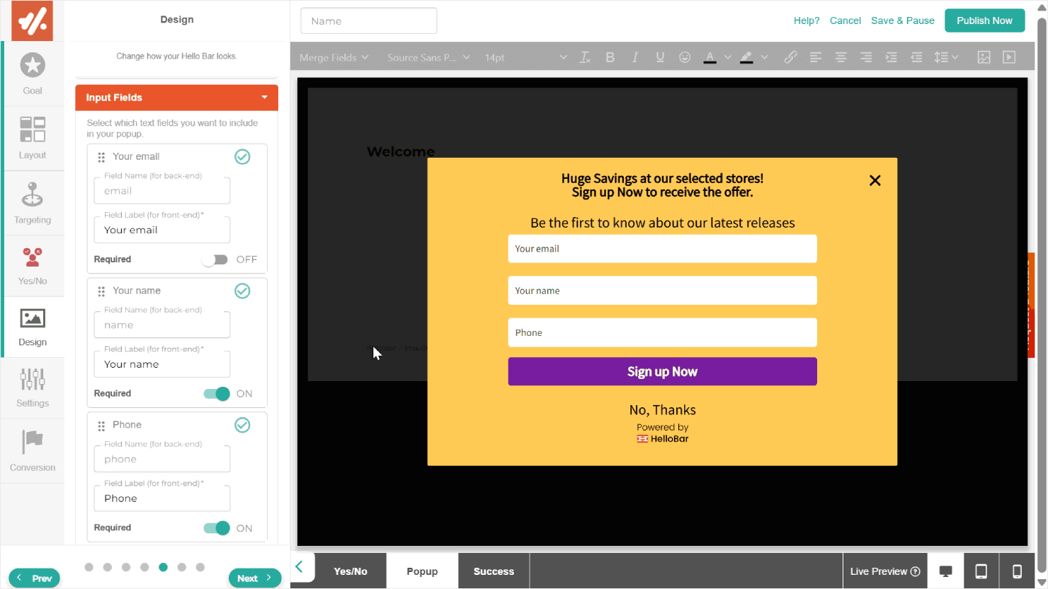 Hello Bar's campaign editor - OptinMonster Hello Bar's campaign editor
