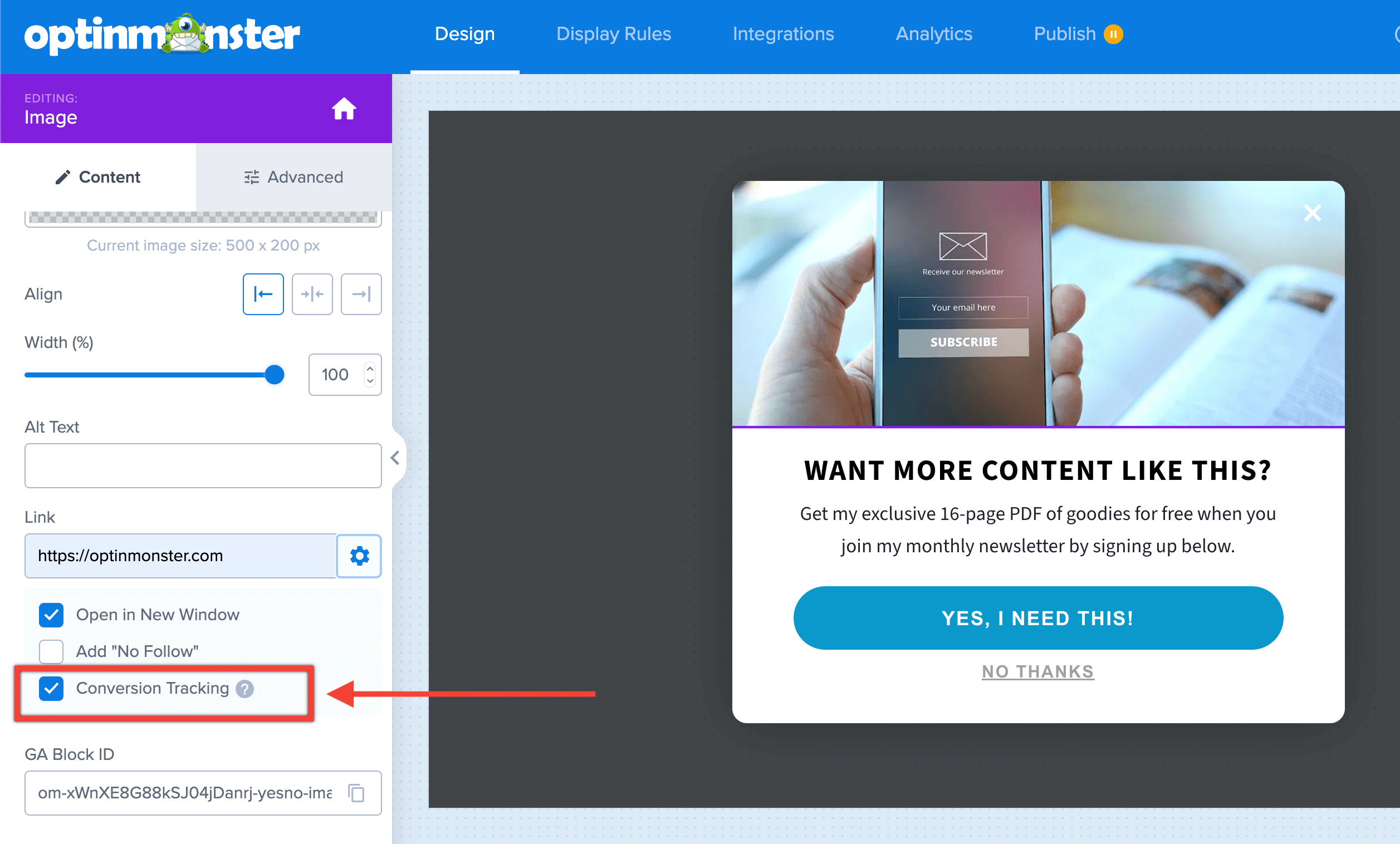 Image Conversion - OptinMonster Enable conversion tracking on image