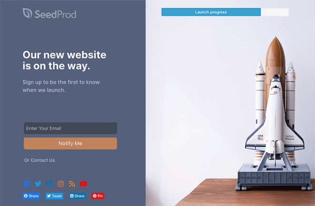 Landing page example by seedprod-min - OptinMonster Coming soon page for WordPress, built with SeedPod. It features a photo of a model space shuttle. Heading: "Our new website is on the way." Text: "Sign up to be the first to know when we launch." Then there is an email signup form. At the bottom, there is a "Or Contact Us" text link and social media buttons.