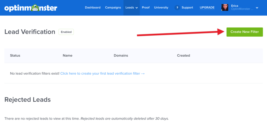 Create new Lead Verification Filter in OptinMonster. - OptinMonster Create new Lead Verification Filter in OptinMonster.