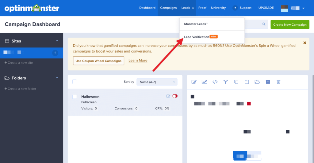 Lead Verification page in OptinMonster. - OptinMonster Lead Verification page in OptinMonster.