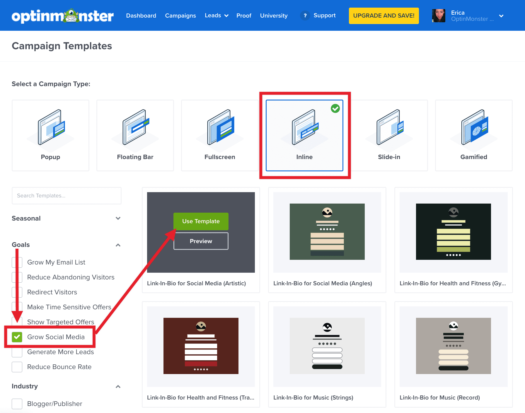 Select an Inline campaign to create your OptinMonster Linktree micro webpage with. - OptinMonster