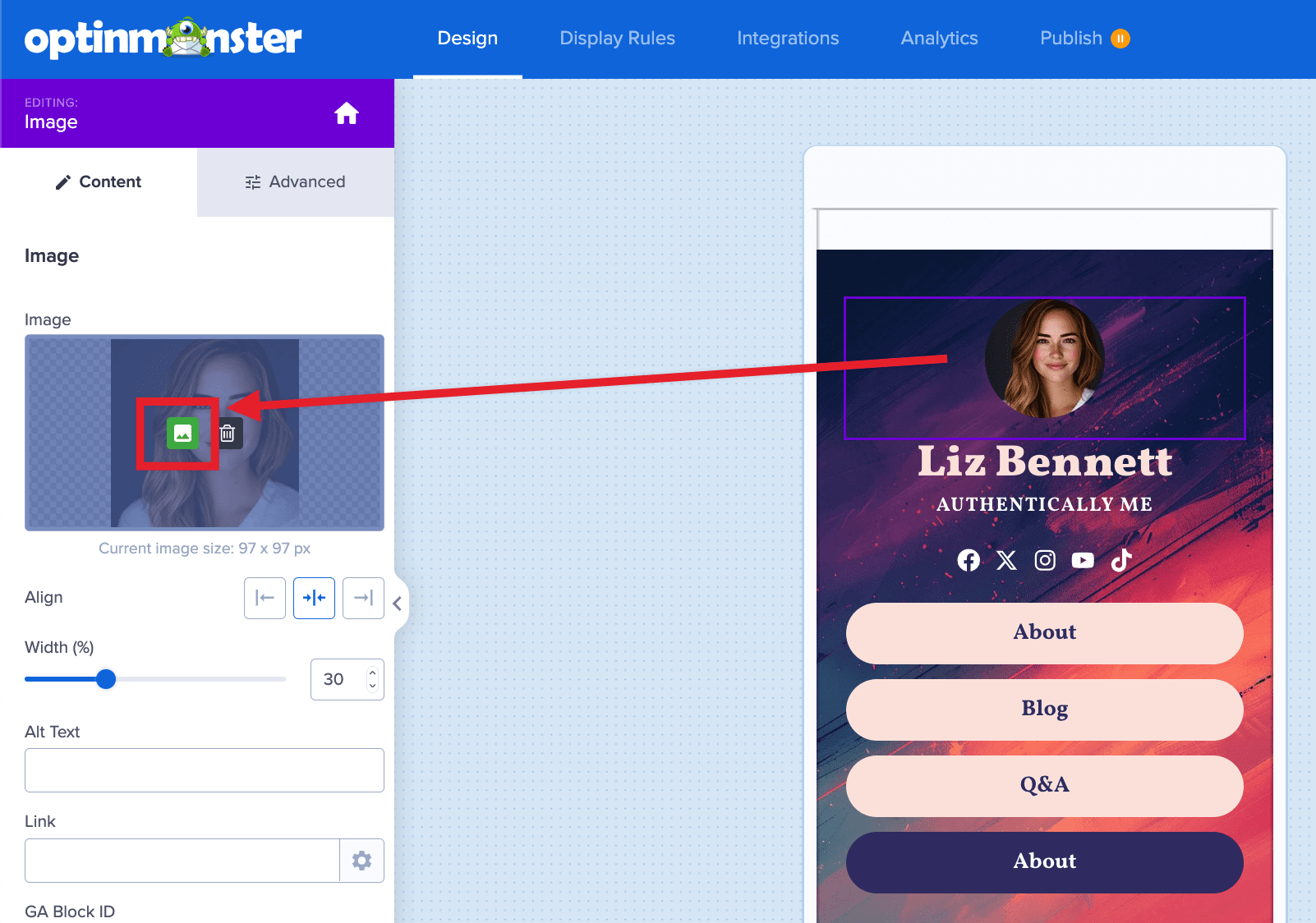 Direct select the image to customize your campaign's profile image. - OptinMonster
