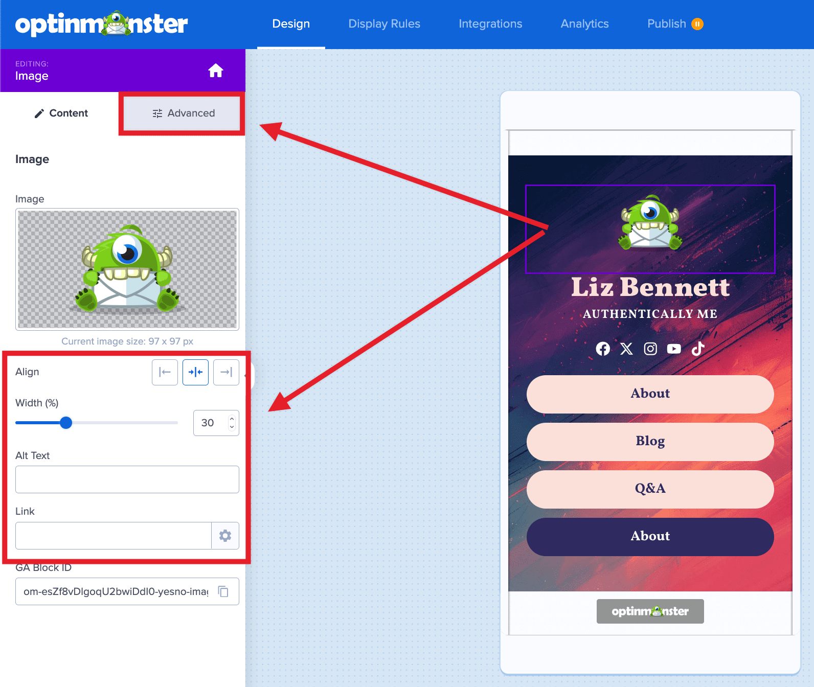 Configure image settings for your Linktree campaign in OptinMonster. - OptinMonster
