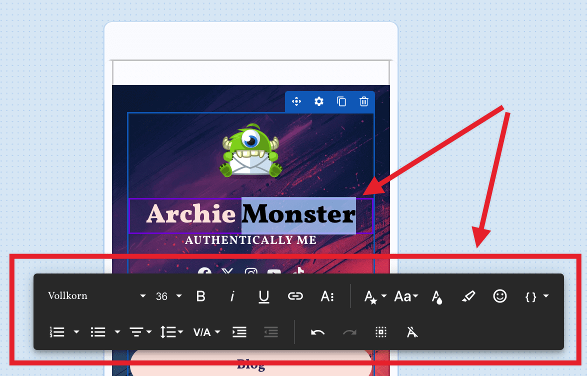 Select text to edit it within your OptinMonster Linktree campaign. - OptinMonster