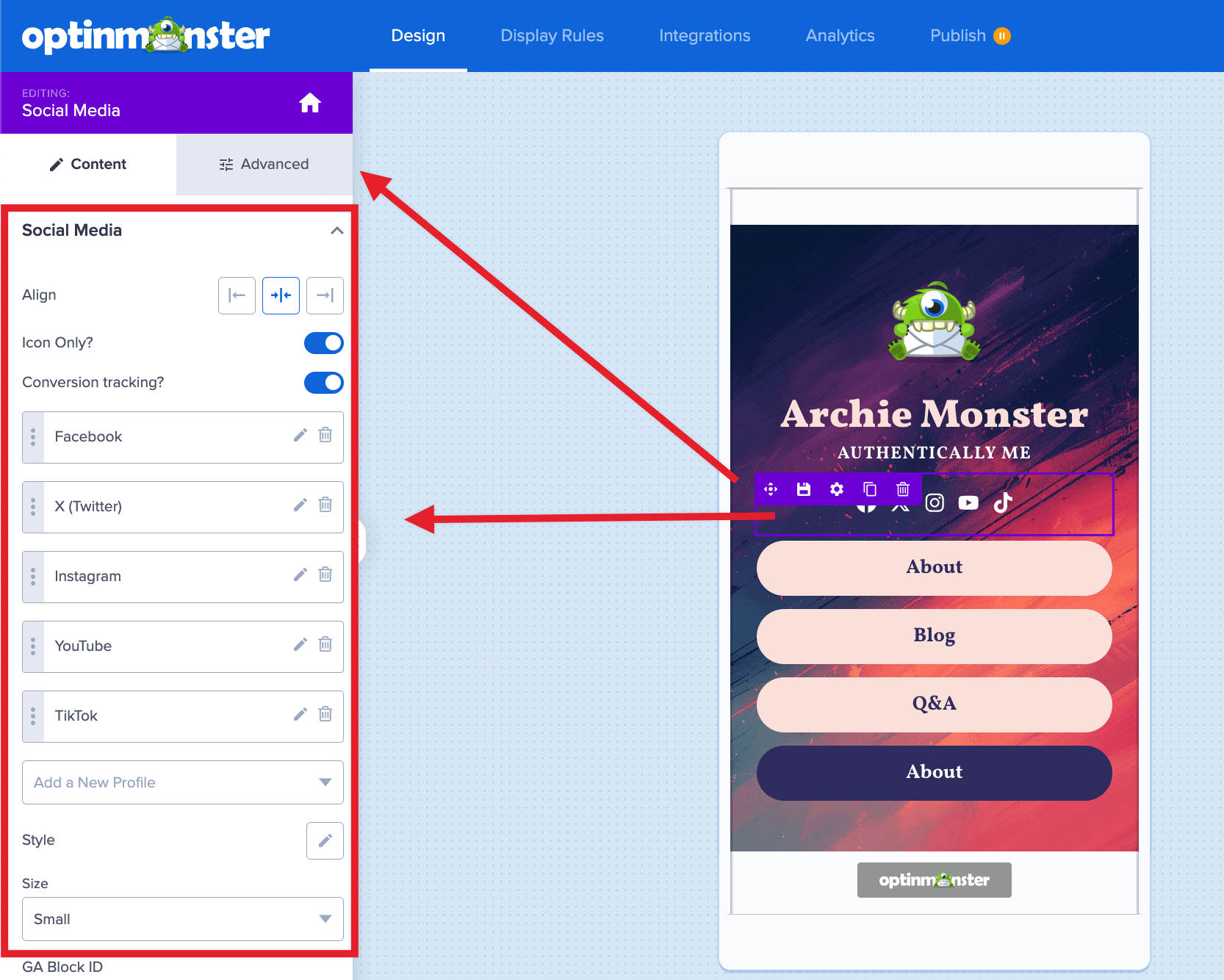 Configure your social media accounts in your OptinMonster Linktree campaign. - OptinMonster