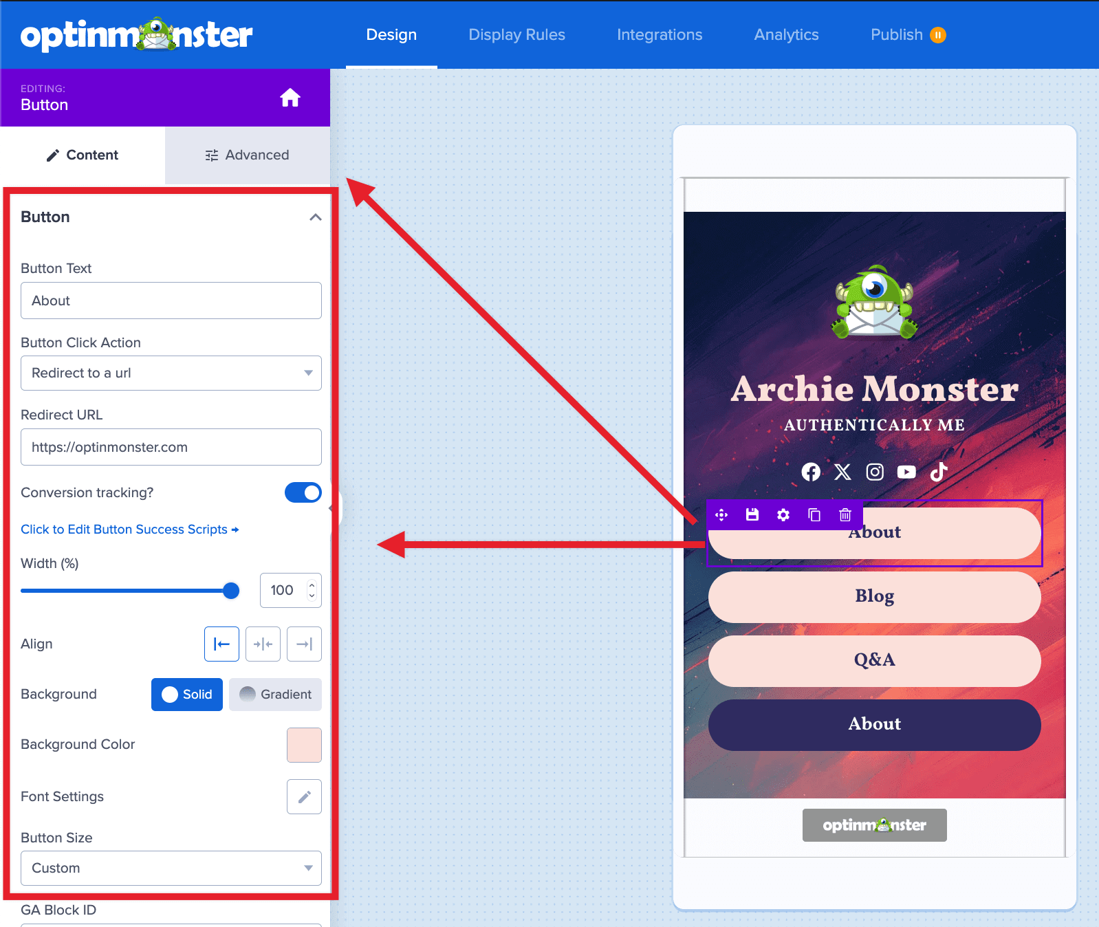 Configure the settings of your Linktree campaign's buttons in OptinMonster. - OptinMonster
