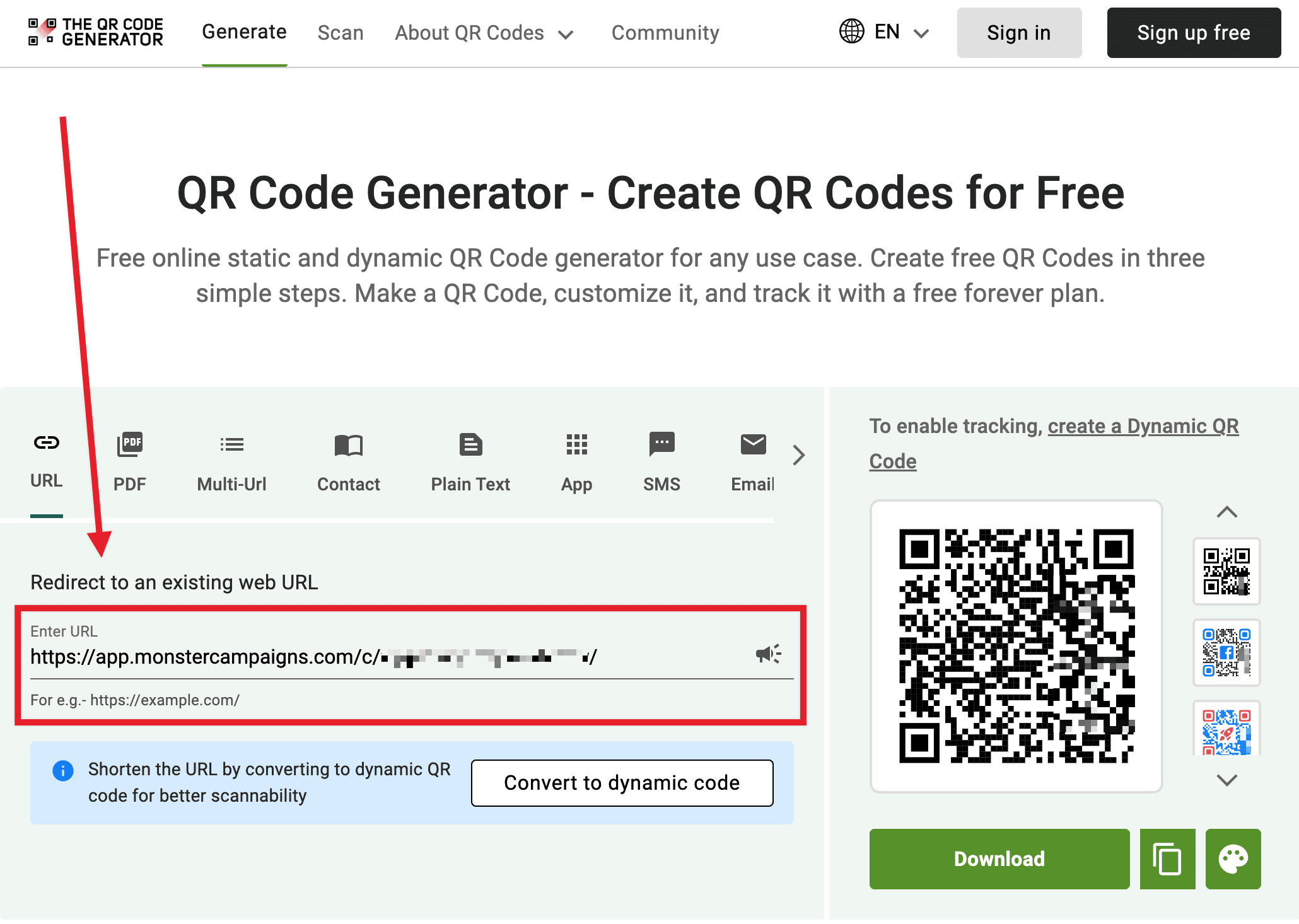 Paste Shareable MonsterLink into the QR code generator field for your OptinMonster Linktree campaign. - OptinMonster