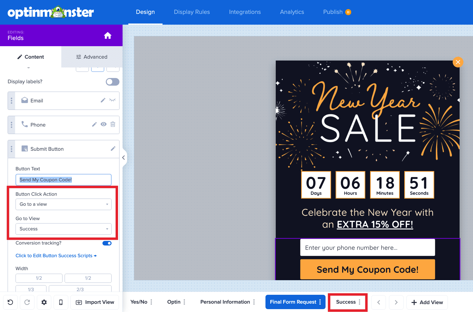 Configure the final Success Action for your progressive form in OptinMonster. - OptinMonster Configure the final Success Action for your progressive form in OptinMonster.