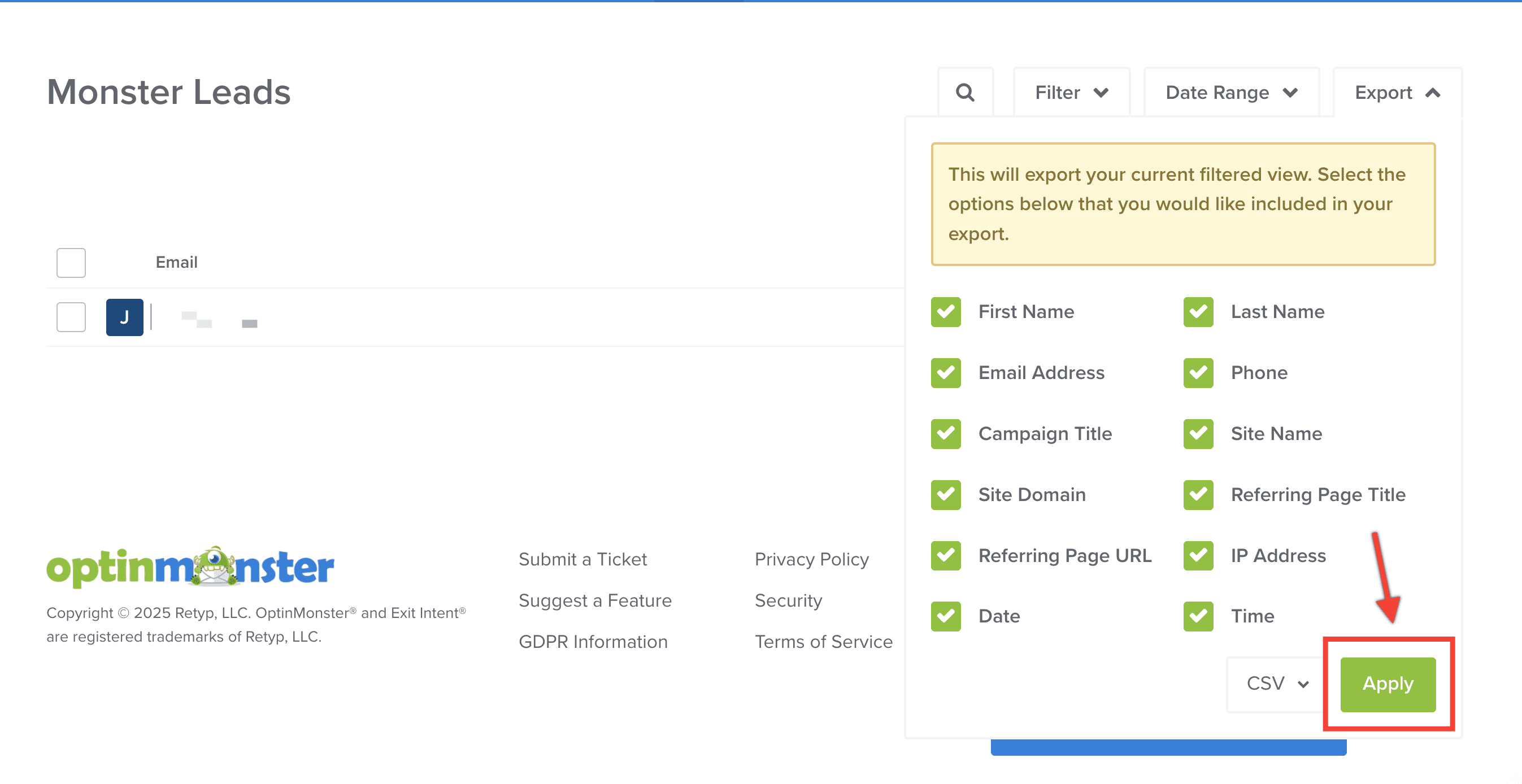 Export Leads - OptinMonster