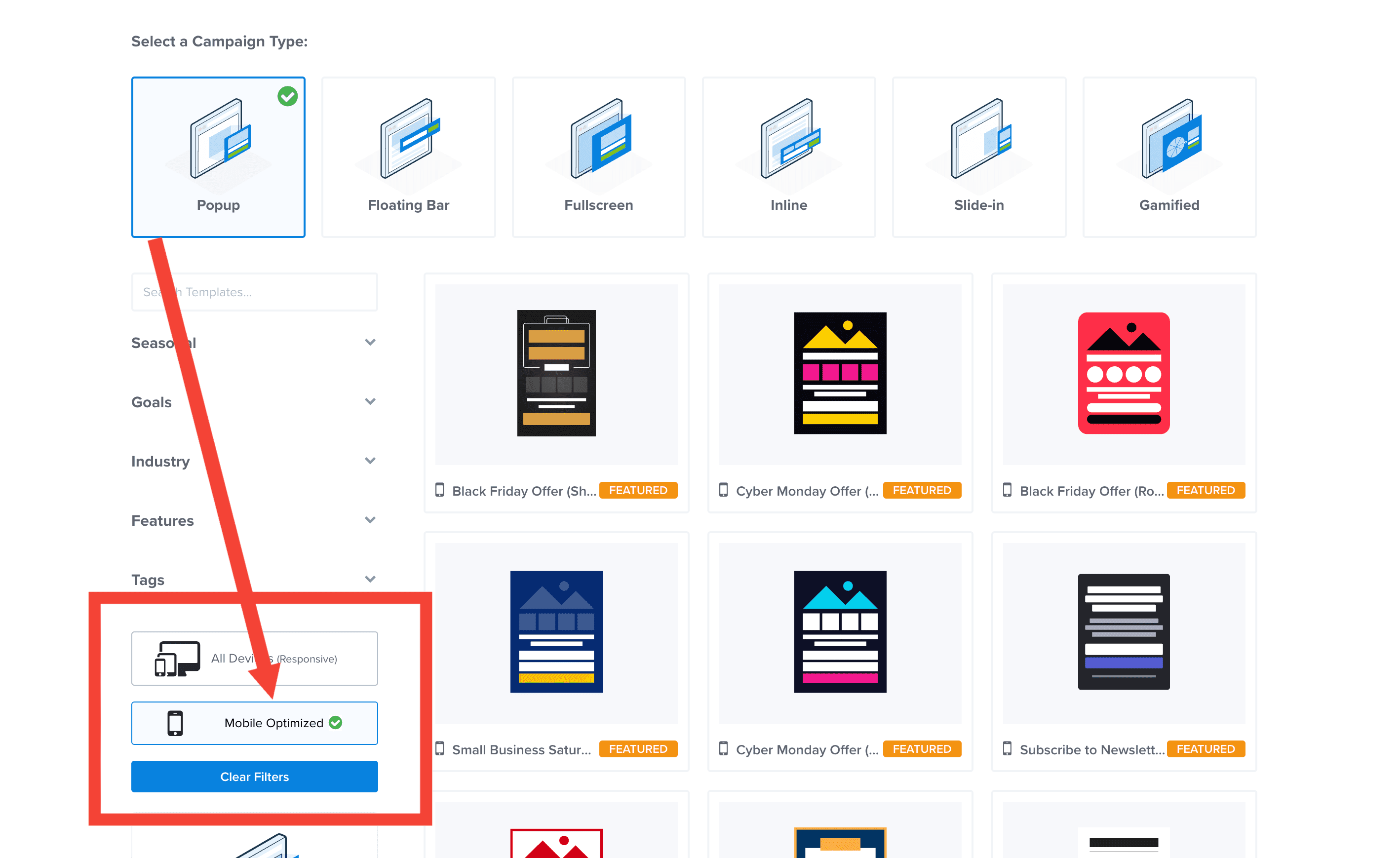 delete column contents canvas - OptinMonster Mobile optimized template filter in the OptinMonster campaign creation screen allows you to see only mobile templates