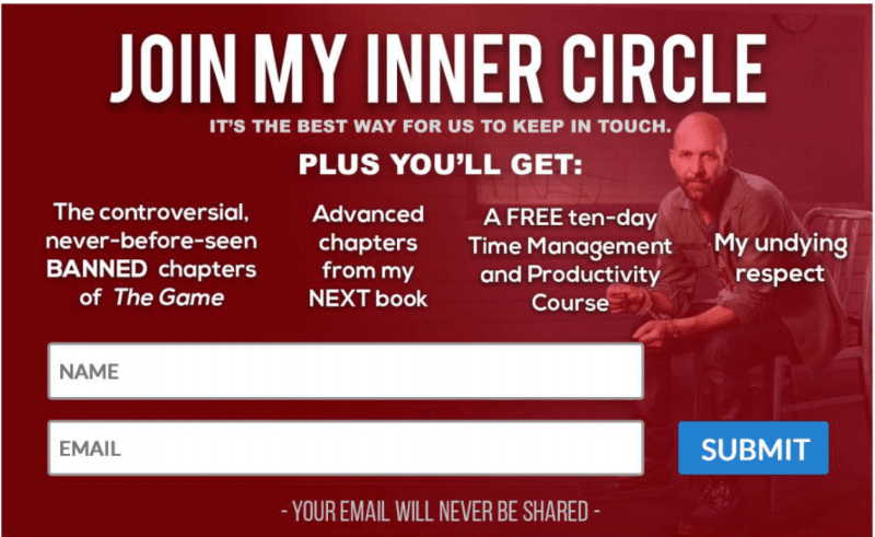 Neil Strauss lightbox optin before using OptinMonster converted only 4 percent of visitors. - OptinMonster Neil Strauss lightbox optin before using OptinMonster converted only 4 percent of visitors.