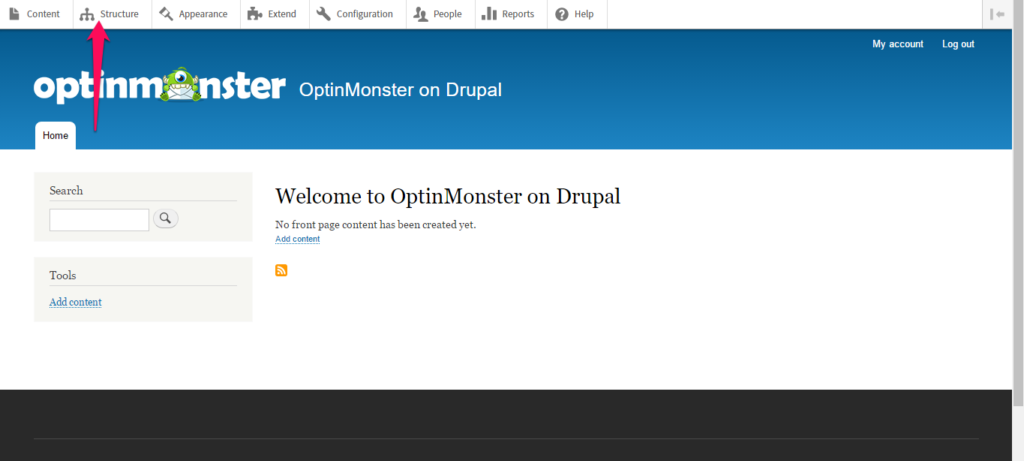 OptinMonster on Drupal 8 - OptinMonster Click on Structure