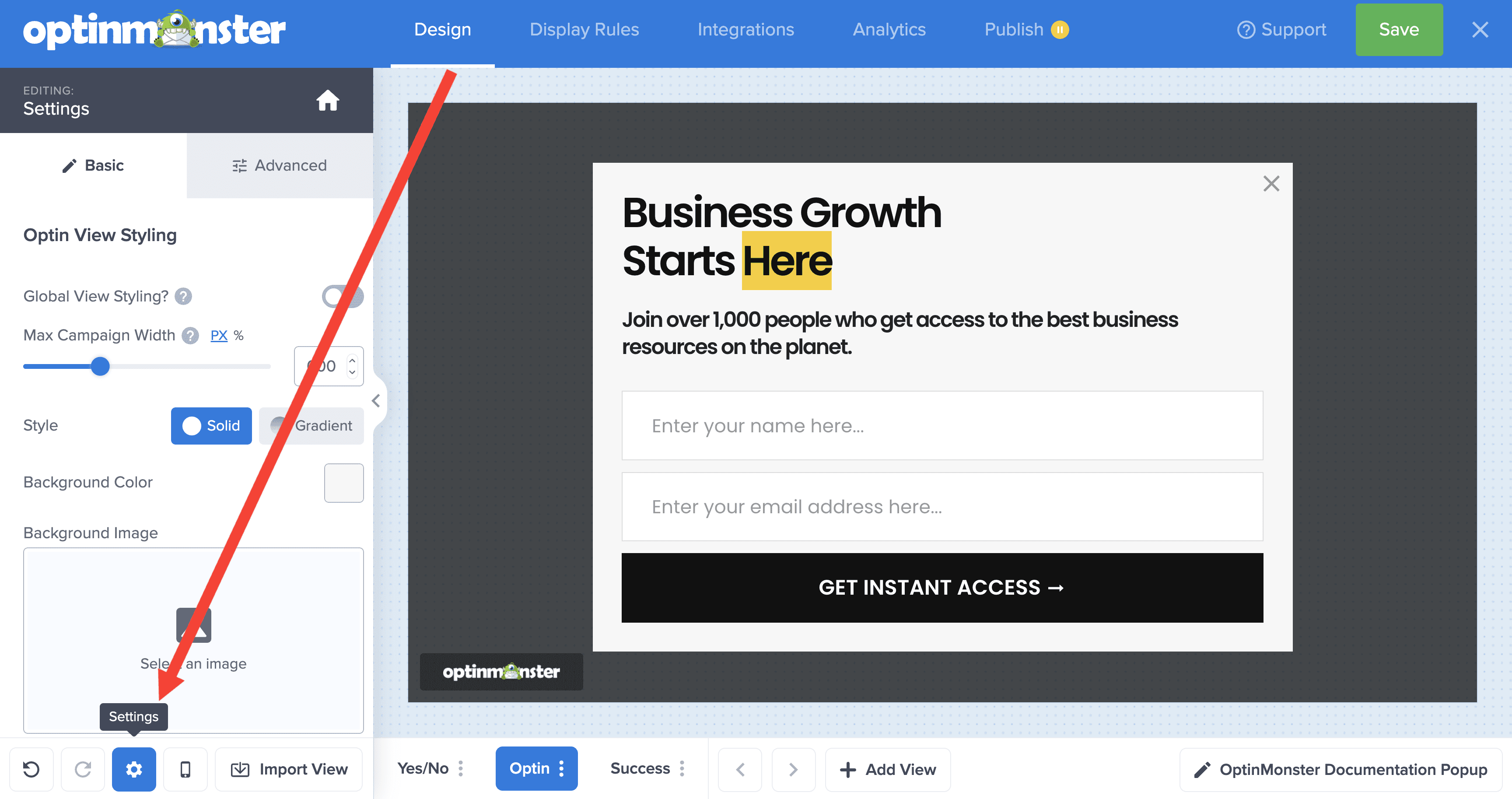 delete column contents canvas - OptinMonster Open the campaign settings from the footer toolbar in OptinMonster