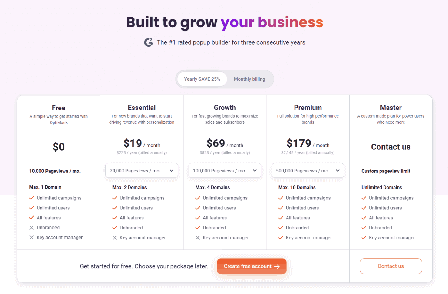 OptiMonk's pricing page - OptinMonster OptiMonk's pricing page