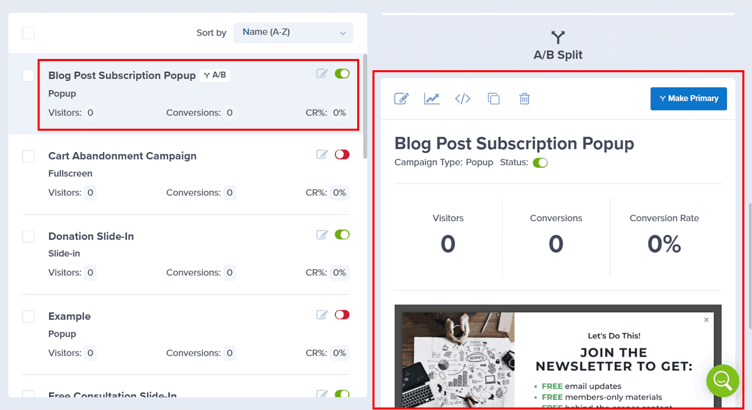 OptinMonster's A/B testing interface - OptinMonster OptinMonster's A/B testing interface