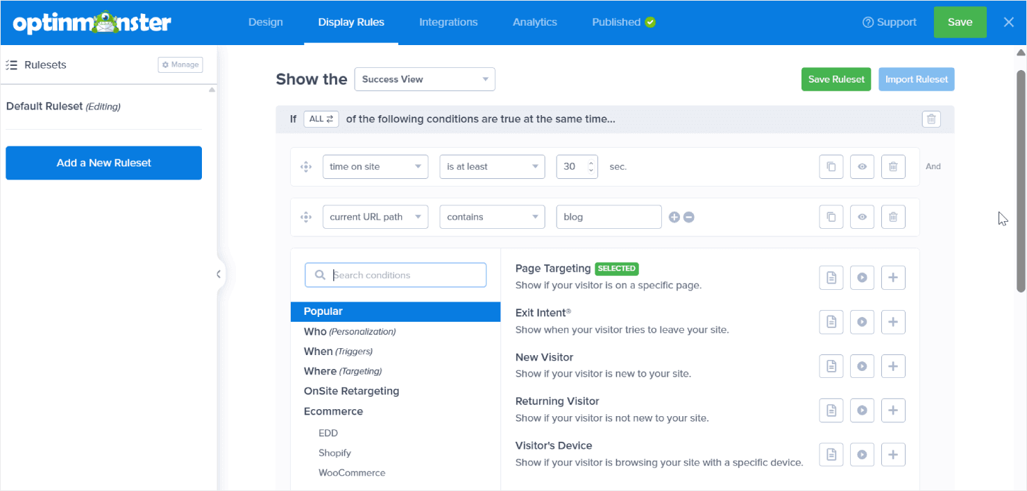 OptinMonster's display rules interface - OptinMonster OptinMonster's display rules interface