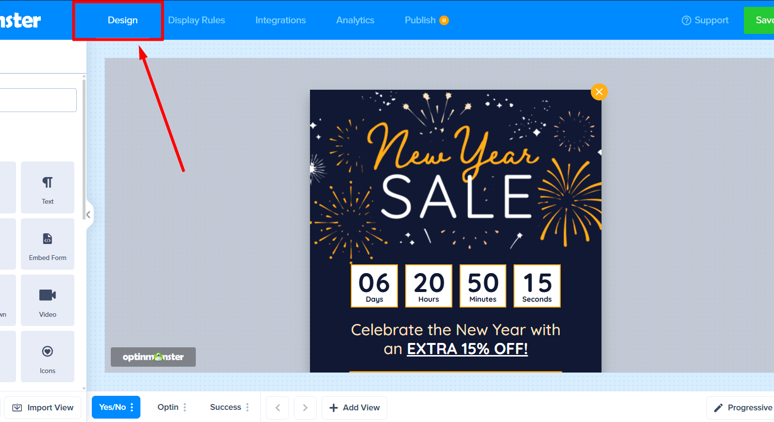 p1 - OptinMonster The Design view of a campaign in the OptinMonster builder, showing the main editing canvas