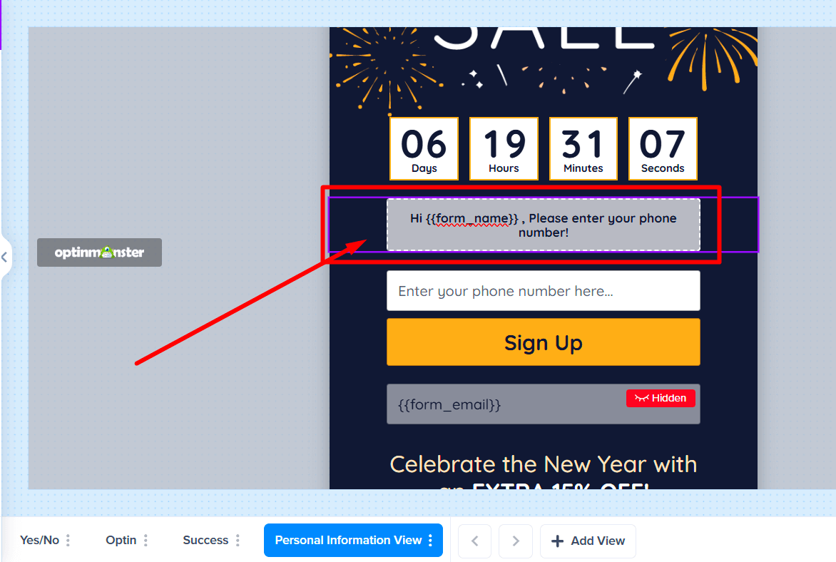 p10 - OptinMonster Example of personalizing a progressive form using the {{form_name}} Smart Tag in a headline