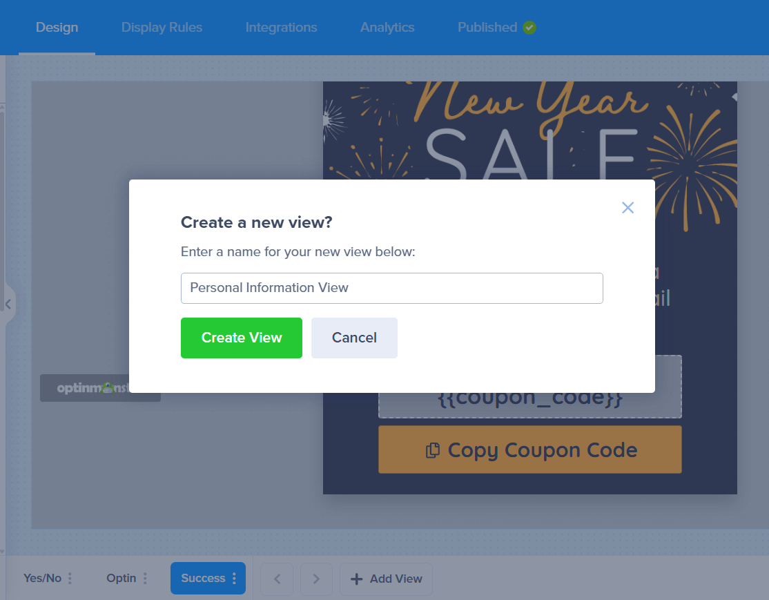 pa - OptinMonster Screenshot showing creating new view modal