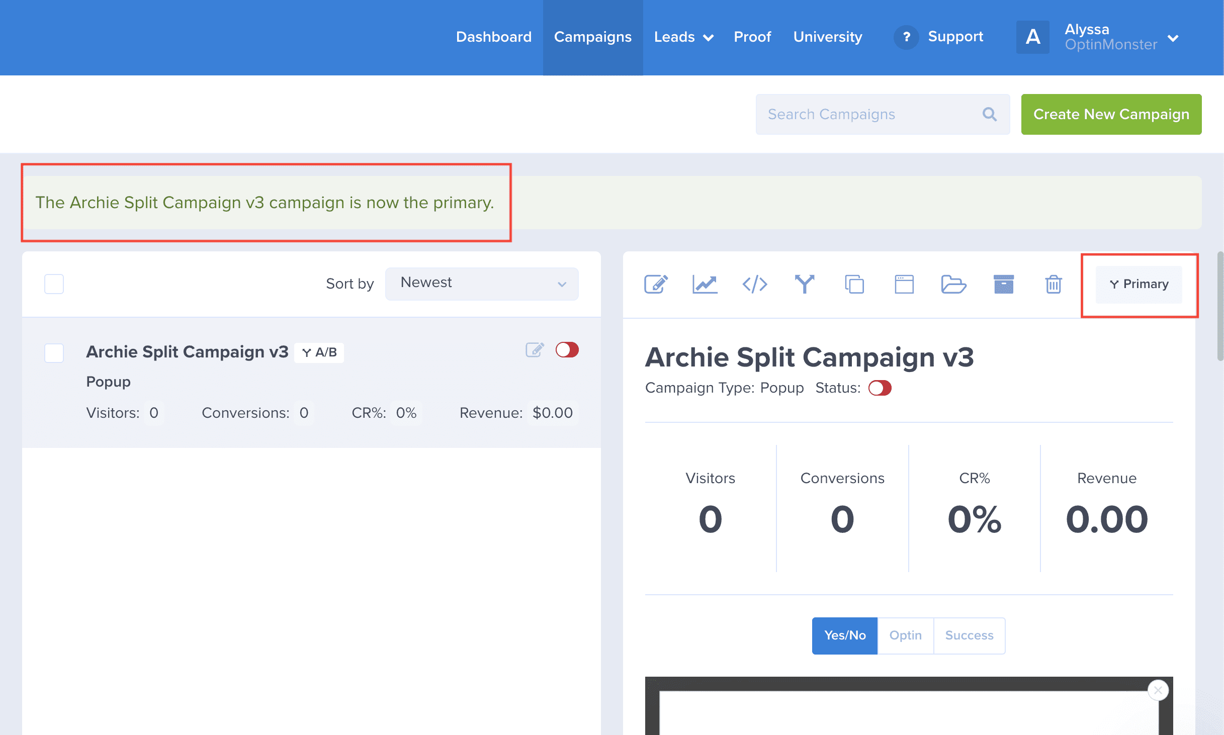 primaryCampaign - OptinMonster