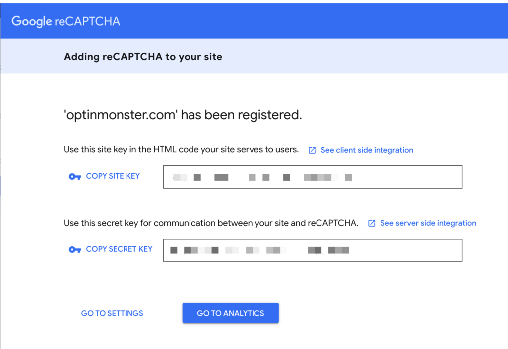 Google reCAPTCHA keys - OptinMonster Google reCAPTCHA keys