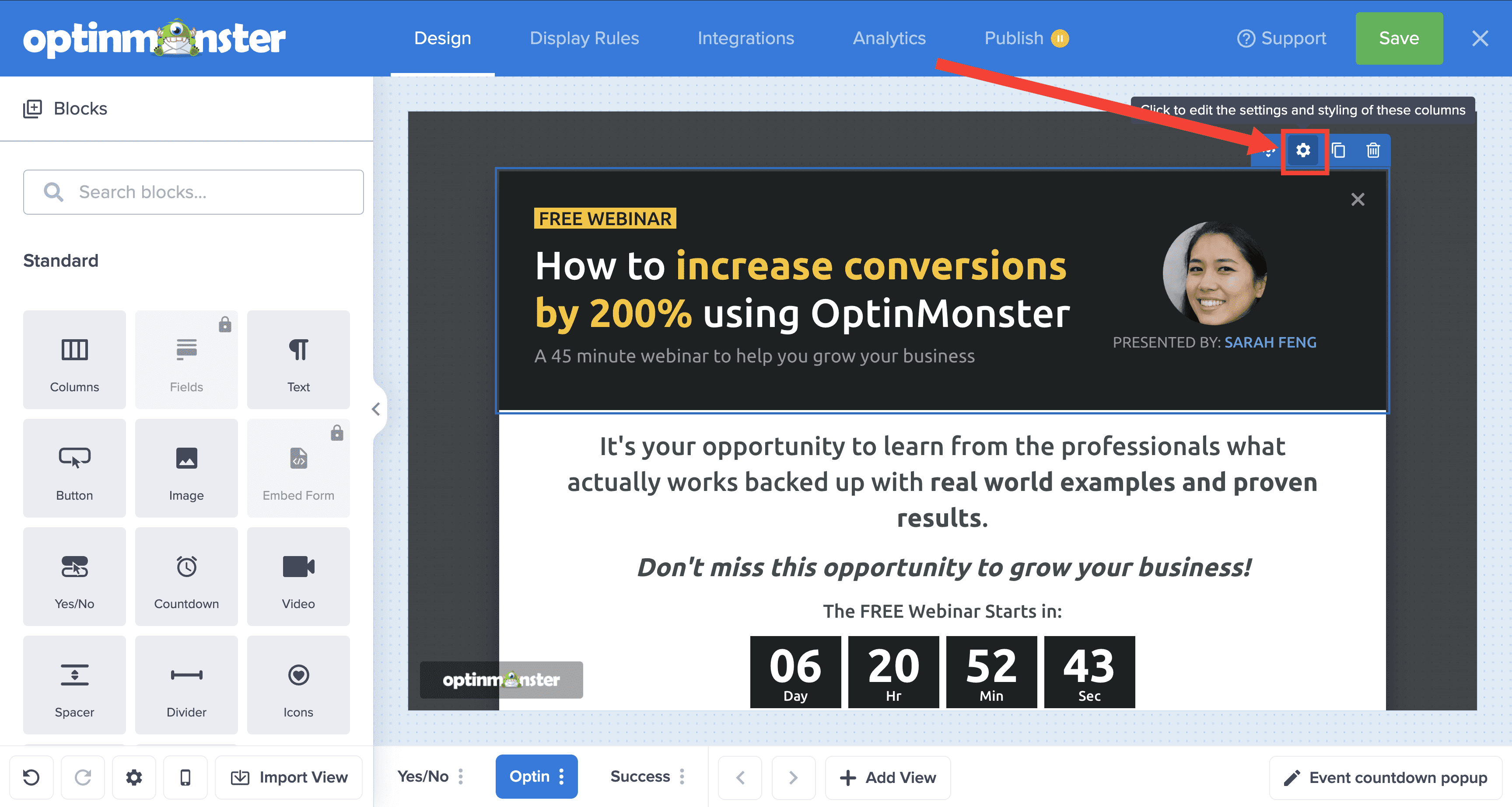 delete column contents canvas - OptinMonster row settings gear