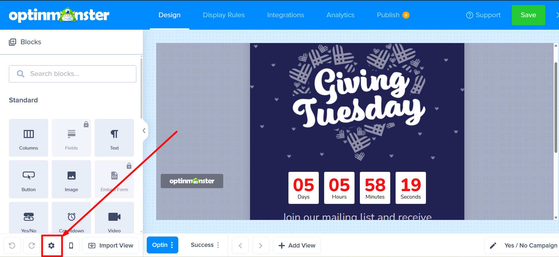 Open the campaign settings from the footer toolbar in OptinMonster. - OptinMonster - OptinMonster Open the campaign settings from the footer toolbar in OptinMonster.